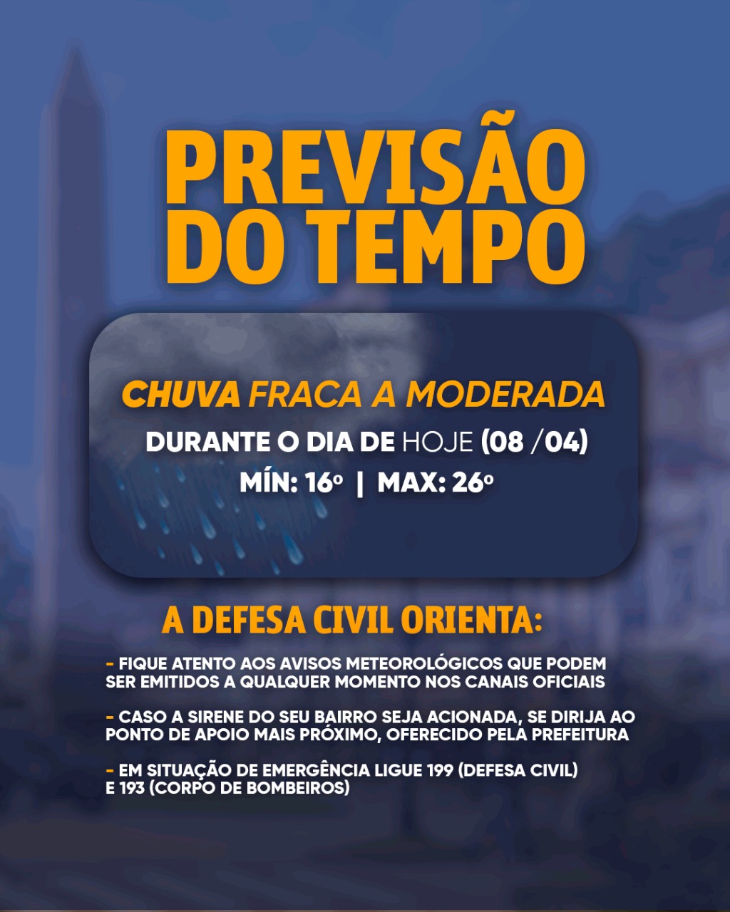 Defesa Civil informa: pode ter chuva de intensidade fraca a moderada na tarde desta sexta