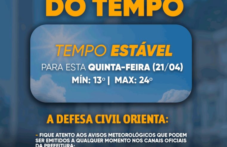 Tempo estável no município se mantém no feriado desta quinta-feira (21), sem previsão de chuva