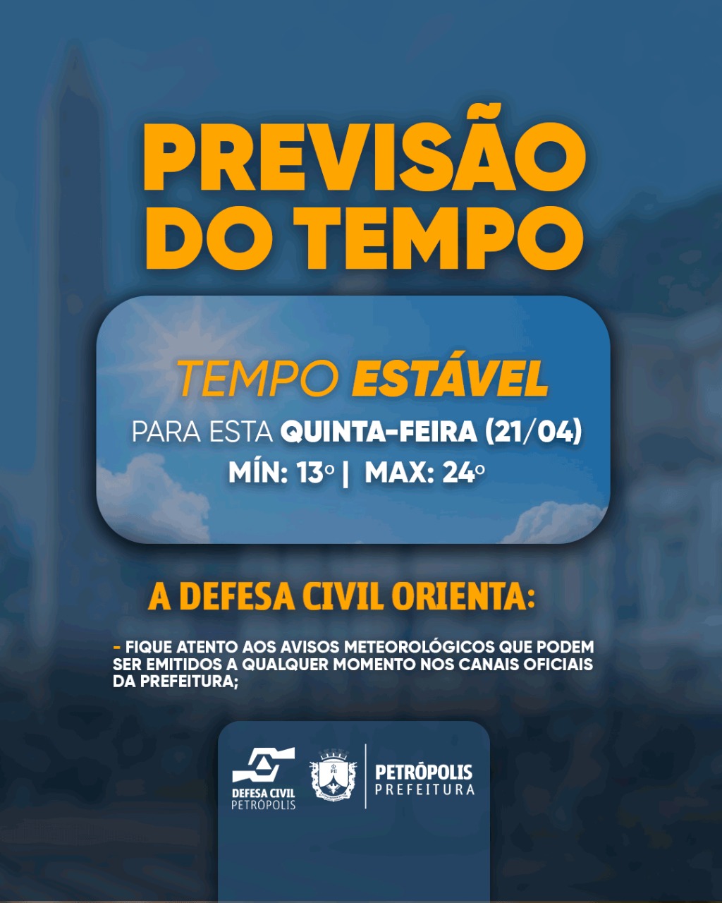 Tempo estável no município se mantém no feriado desta quinta-feira (21), sem previsão de chuva