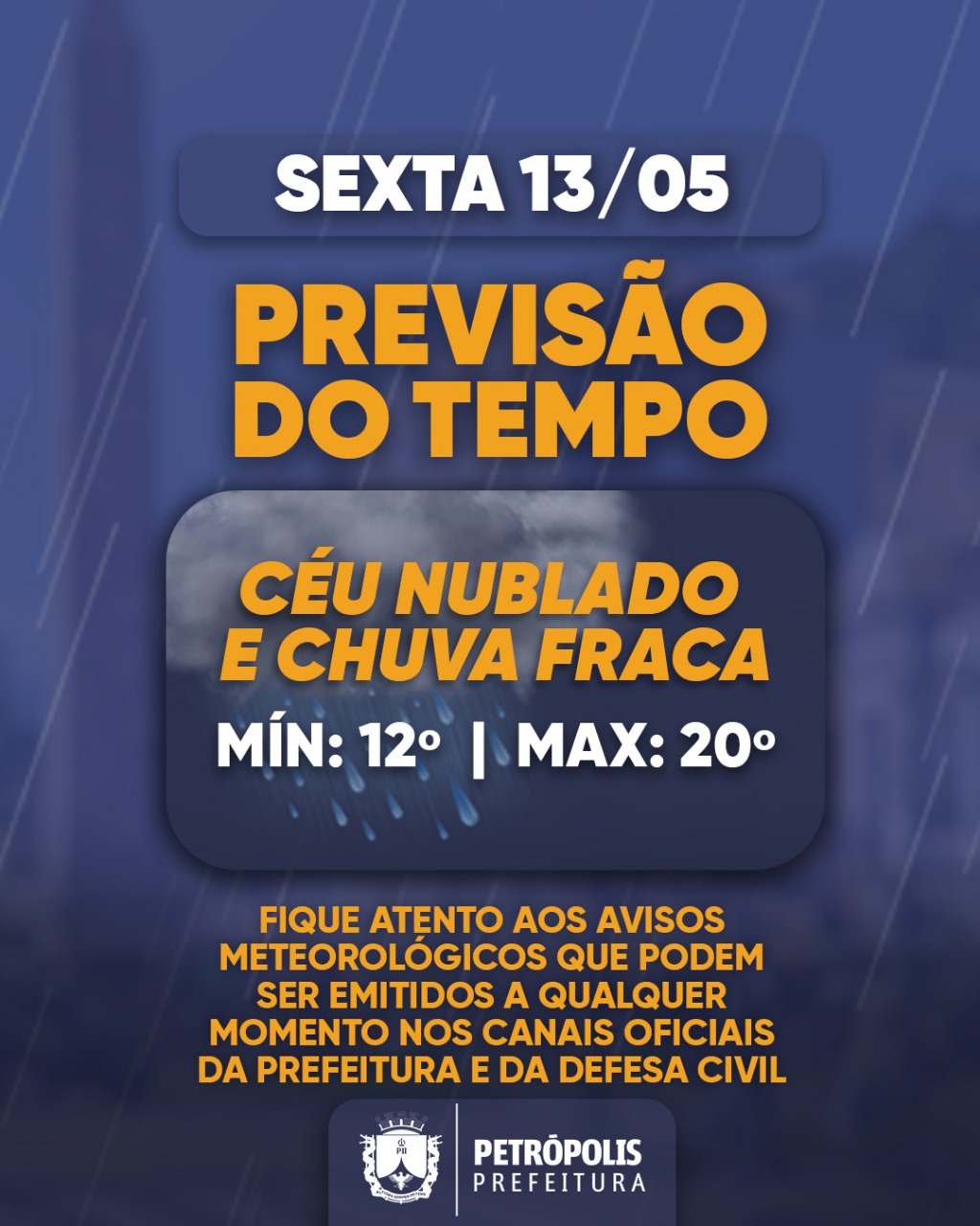 Previsão de tempo chuvoso para esta sexta-feira (13) em Petrópolis