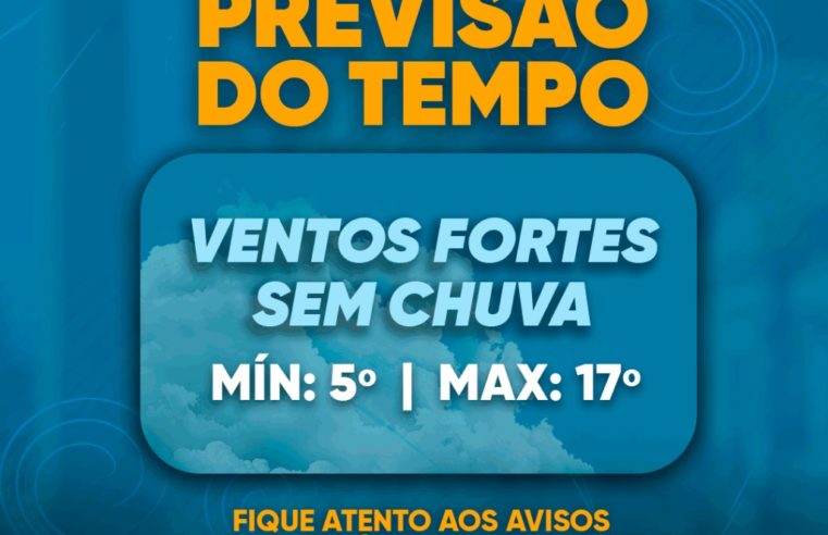 Município segue com previsão de declínio na temperatura e rajadas de vento forte, para hoje (19)
