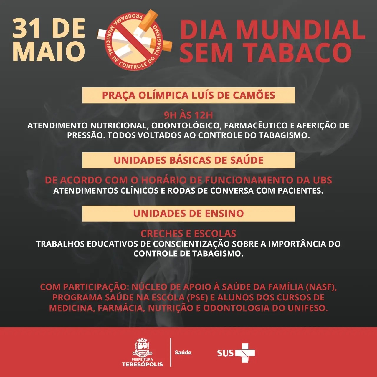 Dia Mundial Sem Tabaco: Teresópolis fará ações de saúde, na terça-feira (31)