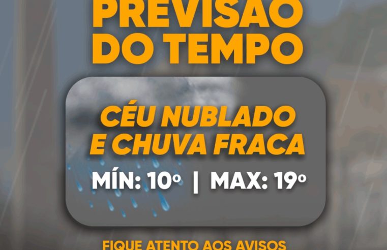Frente fria deixa o tempo do município instável com previsão de chuva fraca a partir da noite de hoje