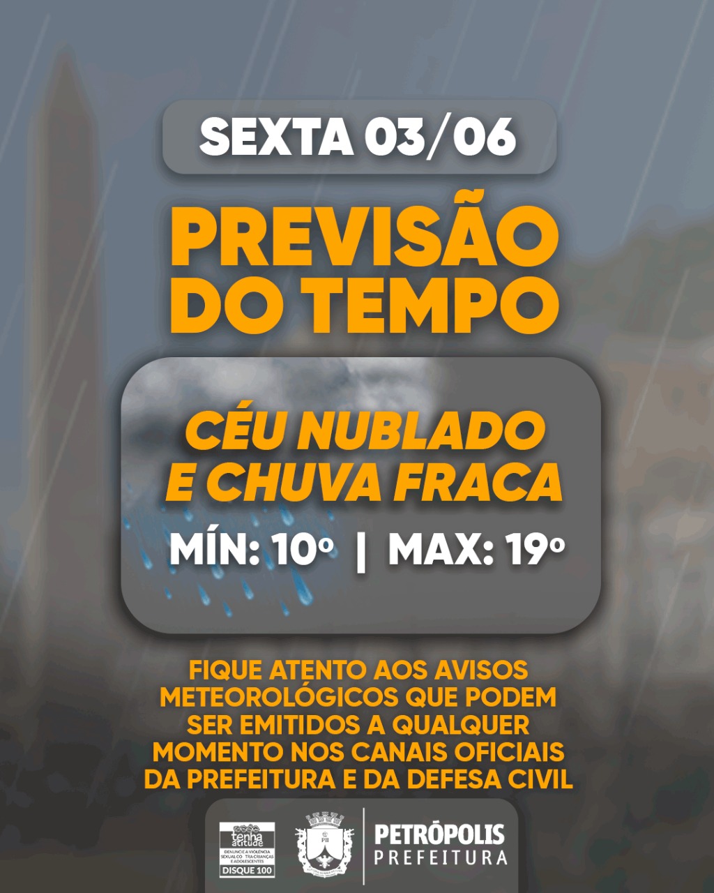 Frente fria deixa o tempo do município instável com previsão de chuva fraca a partir da noite de hoje