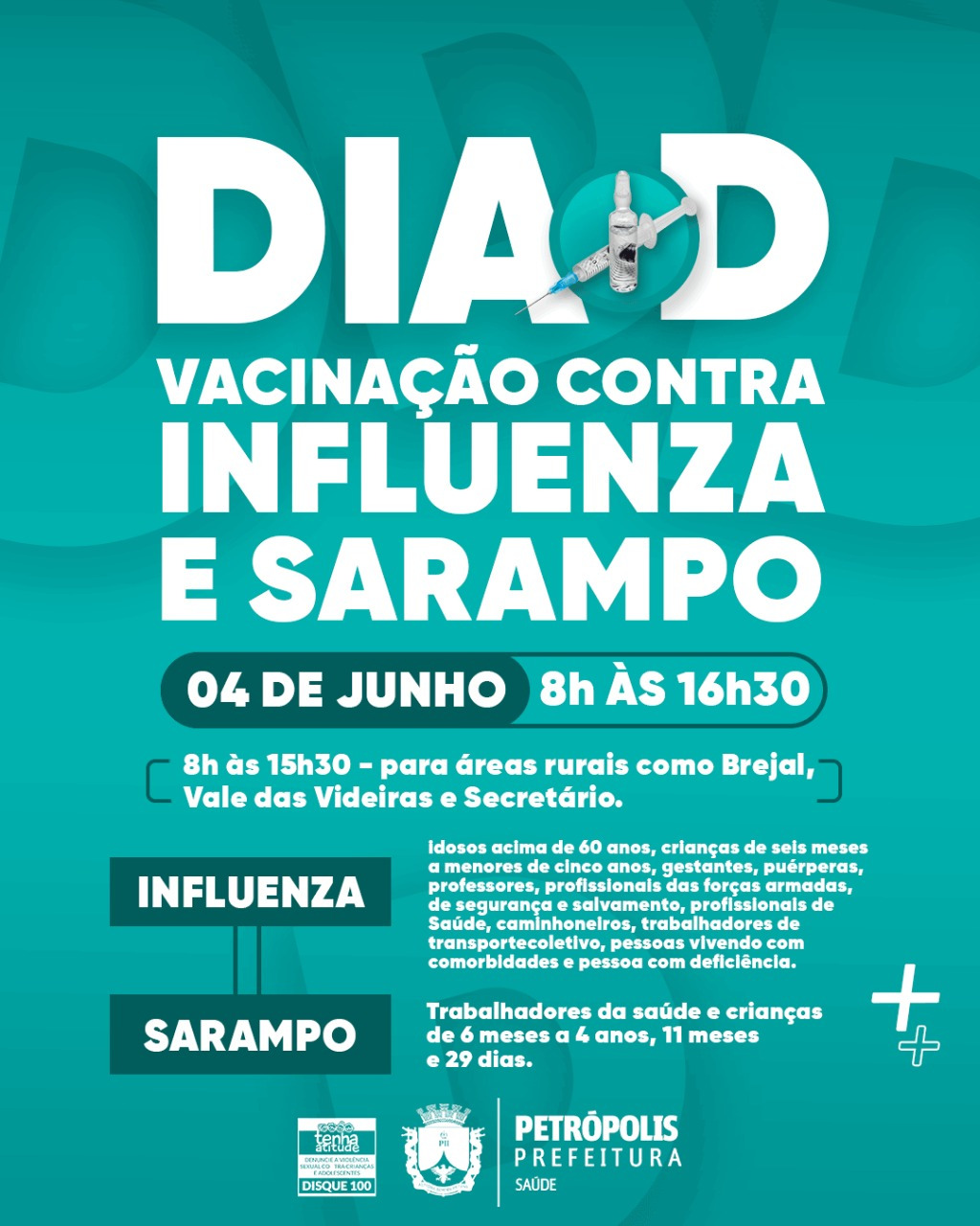 Dia D de vacinação contra Influenza e Sarampo acontece neste sábado