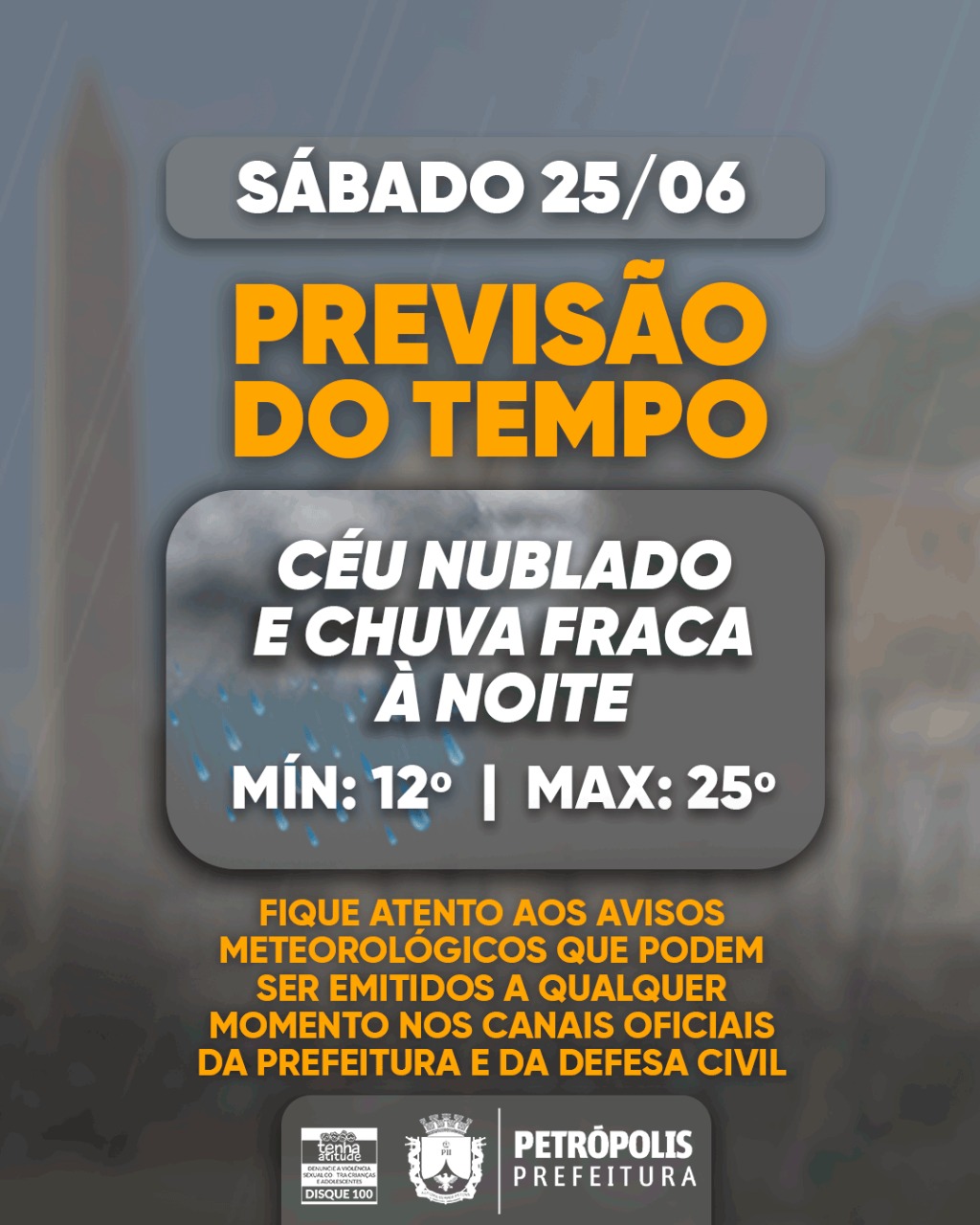 Frente fria deixa tempo instável, com previsão de chuva fraca neste sábado, durante a noite
