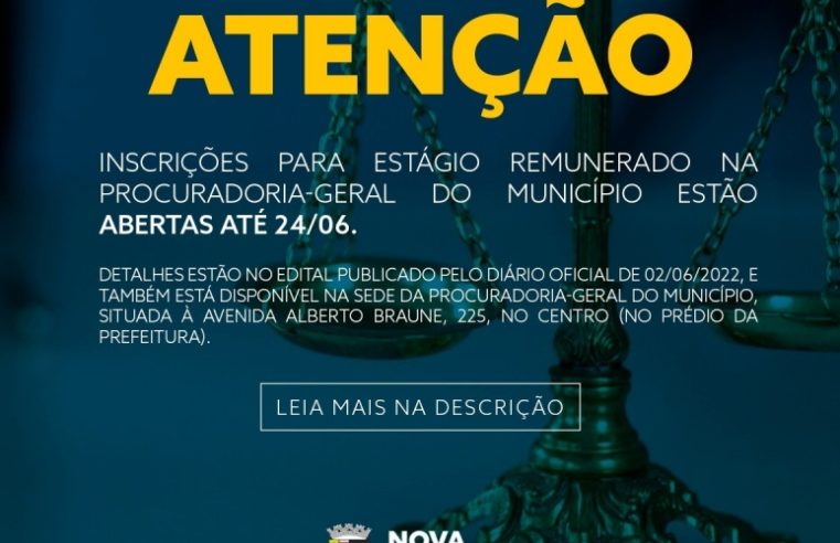 Inscrições para estágio remunerado na Procuradoria-Geral do município seguem abertas até o próximo dia 24 de junho
