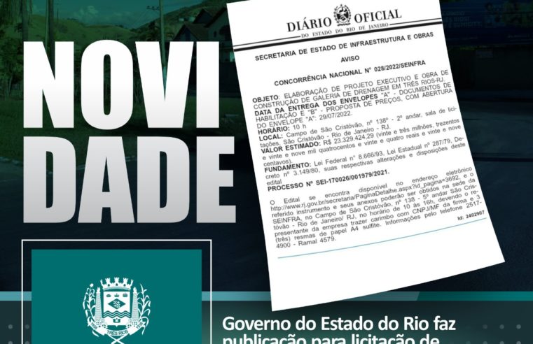 Edital para construção de Galeria de Águas Pluviais em Três Rios foi publicado