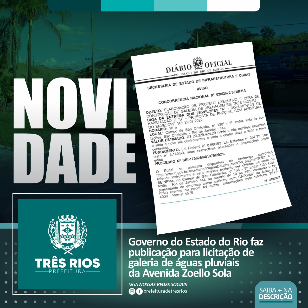 Edital para construção de Galeria de Águas Pluviais em Três Rios foi publicado