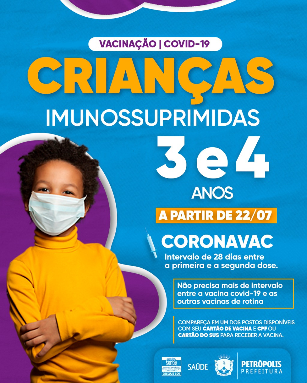 Crianças de 3 e 4 anos imunossuprimidas começam a ser vacinadas contra covid-19 nesta sexta, em Petrópolis
