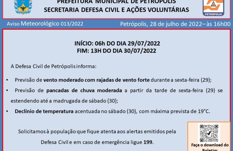 Passagem de frente fria pela Região Sudeste modificará as condições de tempo no município de Petrópolis a partir da tarde de sexta-feira (29)