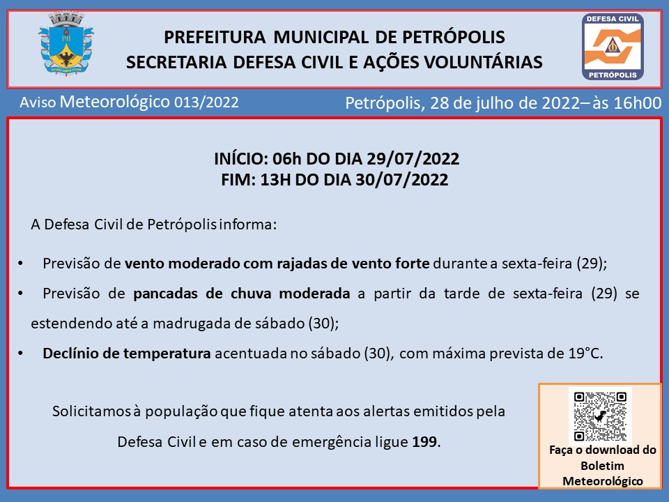 Passagem de frente fria pela Região Sudeste modificará as condições de tempo no município de Petrópolis a partir da tarde de sexta-feira (29)