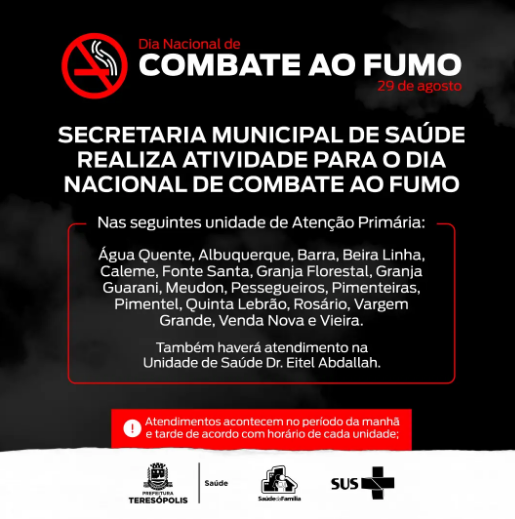 Secretaria Municipal de Saúde de Teresópolis realizará atividade voltada ao Dia Nacional de Combate ao Fumo, na segunda-feira