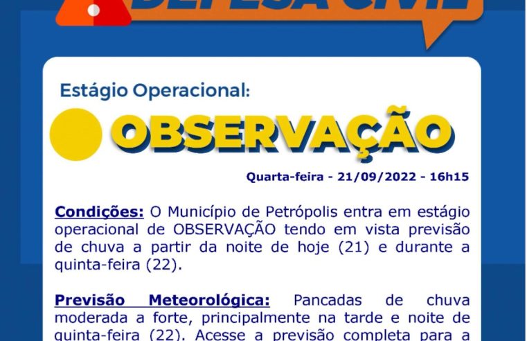 Defesa Civil de Petrópolis alerta para possibilidade chuva moderada