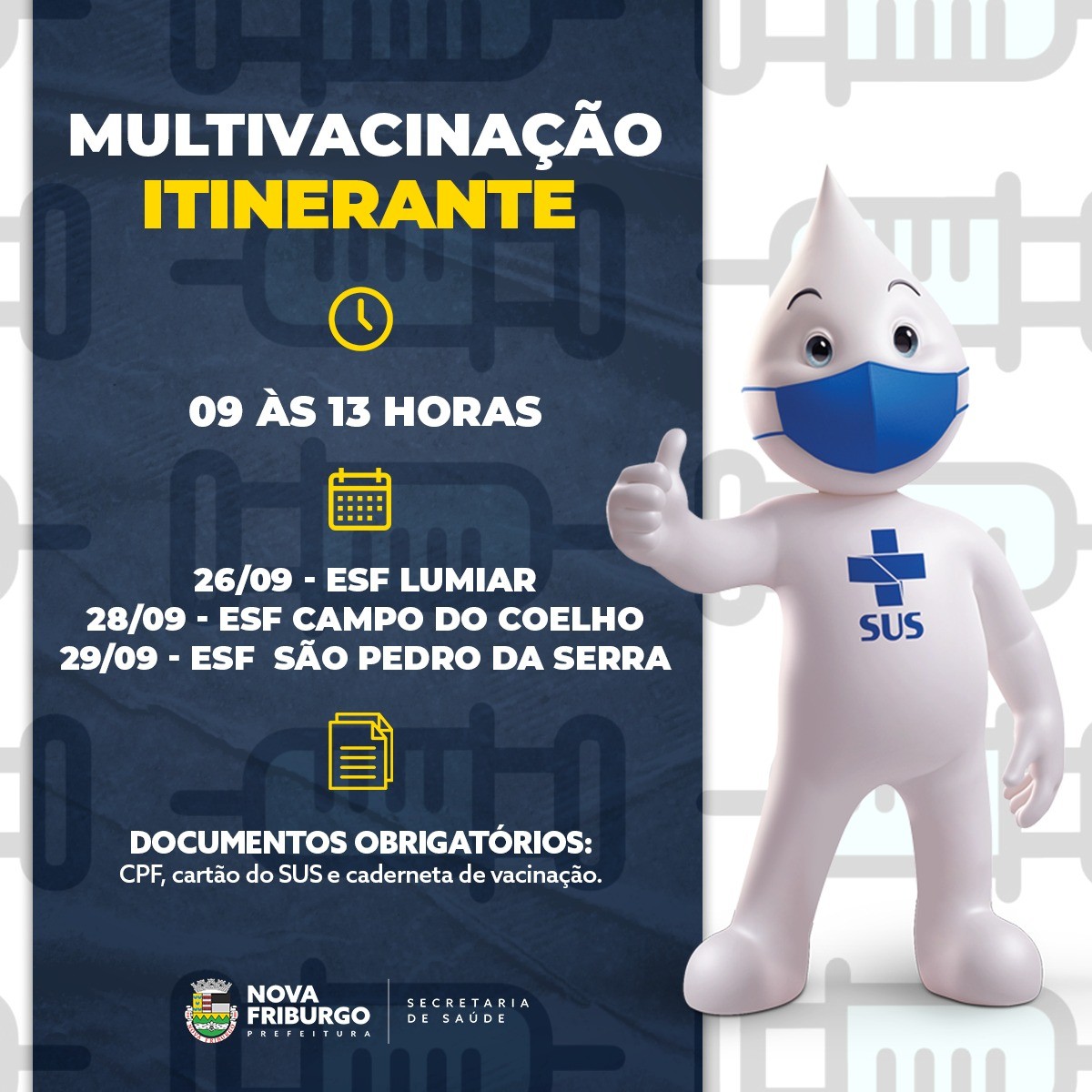 Multivacinação: Lumiar, Campo do Coelho e São Pedro da Serra terão campanha de imunização na próxima semana