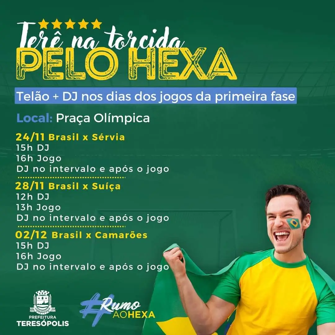 Dias de jogo do Brasil na Copa do Mundo: Prefeitura de Teresópolis e órgãos municipais encerram expediente às 11h na segunda-feira, 28/11