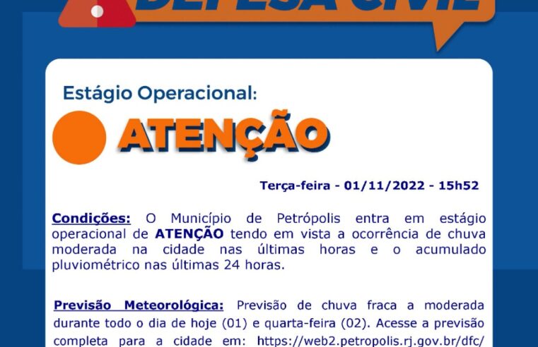 Defesa Civil de Petrópolis permanece em estágio de atenção devido a chuva