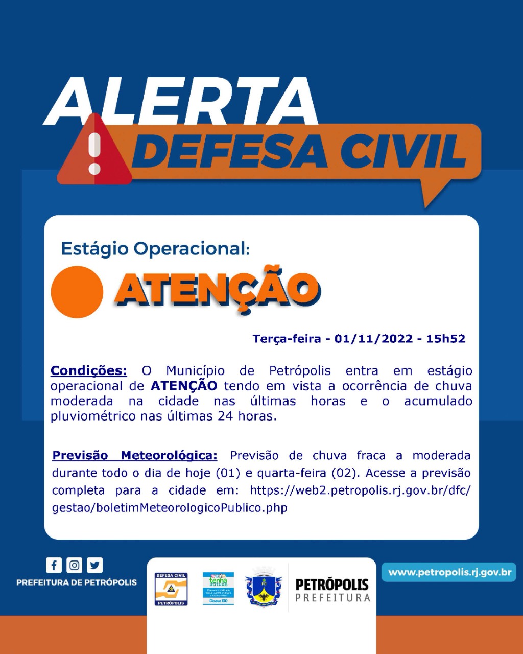 Defesa Civil de Petrópolis permanece em estágio de atenção devido a chuva