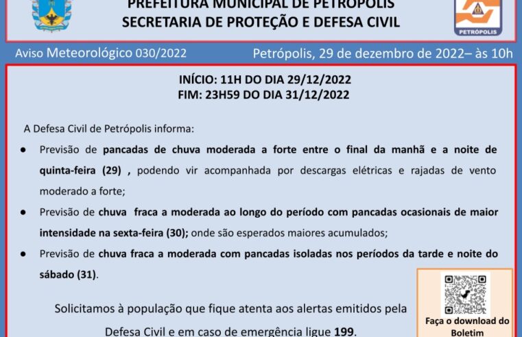 Defesa Civil de Petrópolis emite aviso meteorológico de chuva moderada a forte para o município