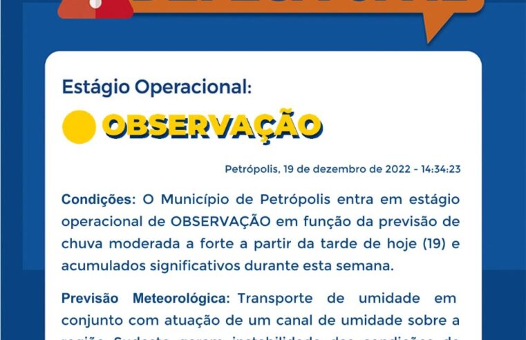 Defesa Civil de Petrópolis entra em estágio de atenção devido a previsão de chuva para esta segunda-feira