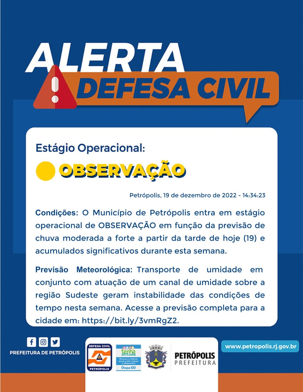 Defesa Civil de Petrópolis entra em estágio de atenção devido a previsão de chuva para esta segunda-feira