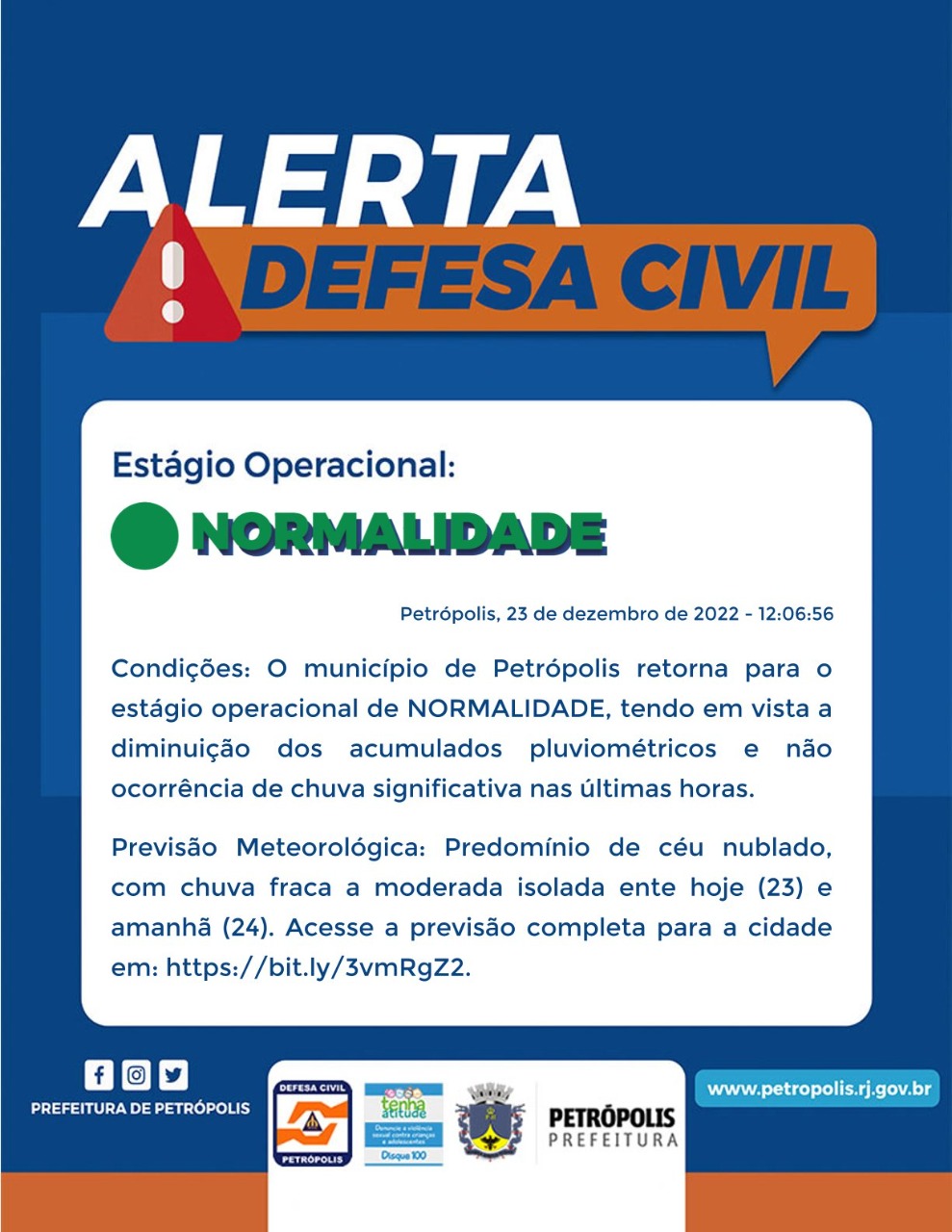 Defesa Civil de Petrópolis retorna para estágio operacional de normalidade