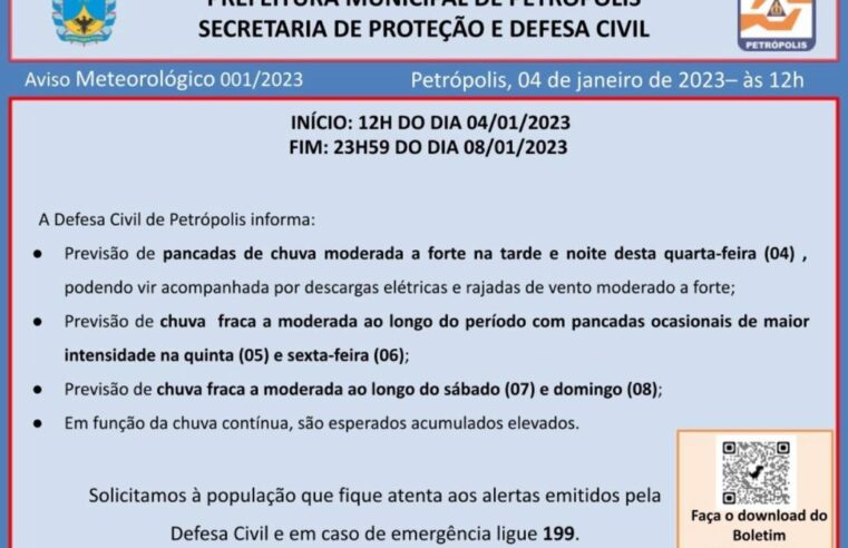 Defesa Civil de Petrópolis emite aviso meteorológico de pancadas de chuva moderada a forte para o município