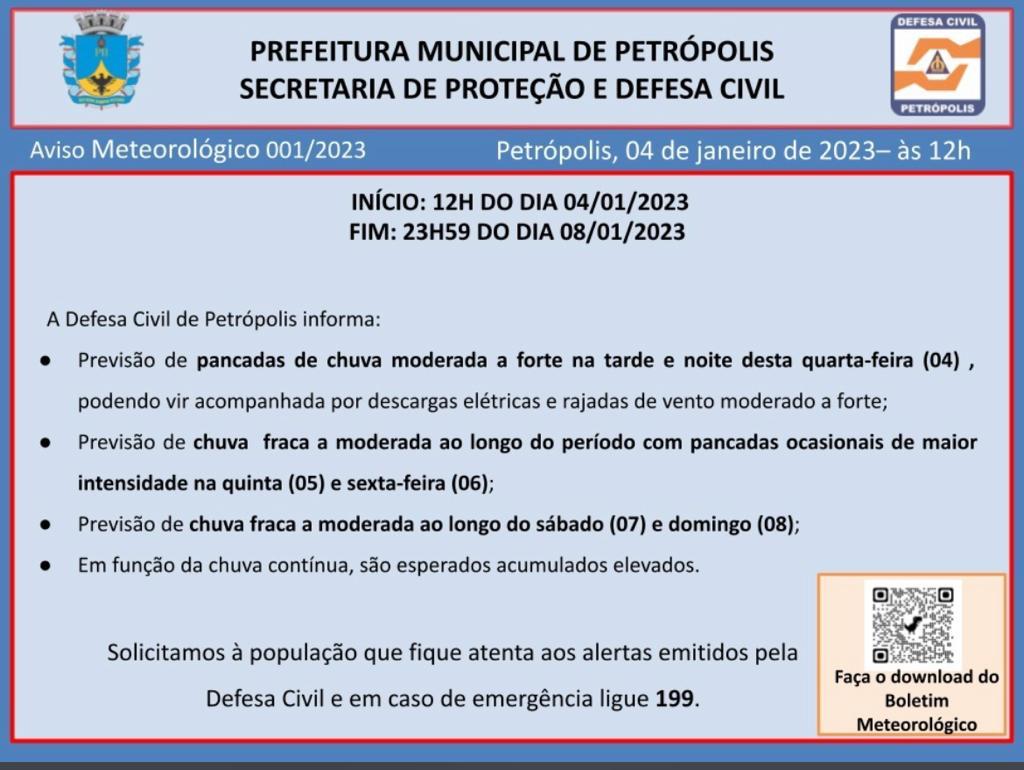 Defesa Civil de Petrópolis emite aviso meteorológico de pancadas de chuva moderada a forte para o município