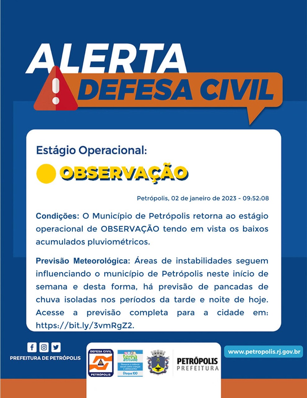 Defesa Civil de Petrópolis retorna para estágio de observação