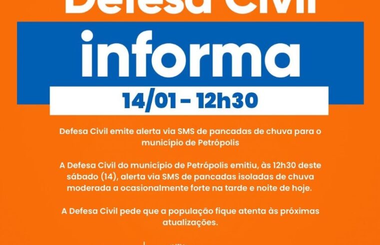 Defesa Civil emite alerta via SMS de pancadas de chuva para o município de Petrópolis