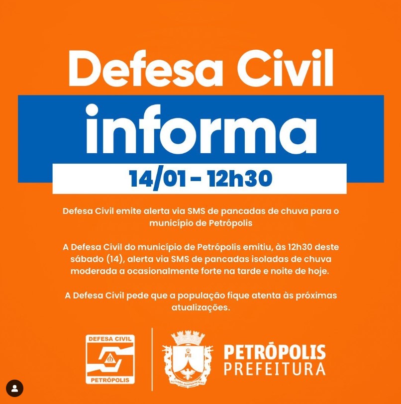 Defesa Civil emite alerta via SMS de pancadas de chuva para o município de Petrópolis