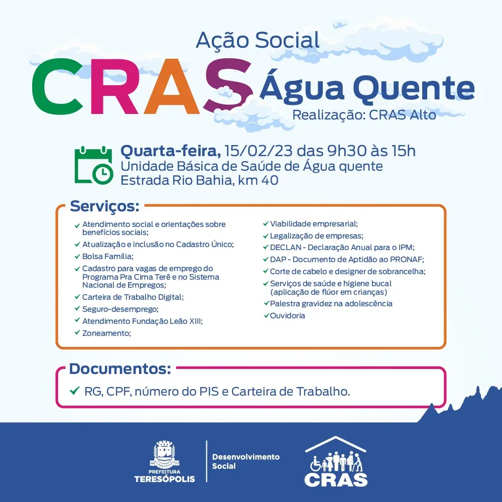 CRAS Alto, em Teresópolis, promove Ação Social em Água Quente nesta semana