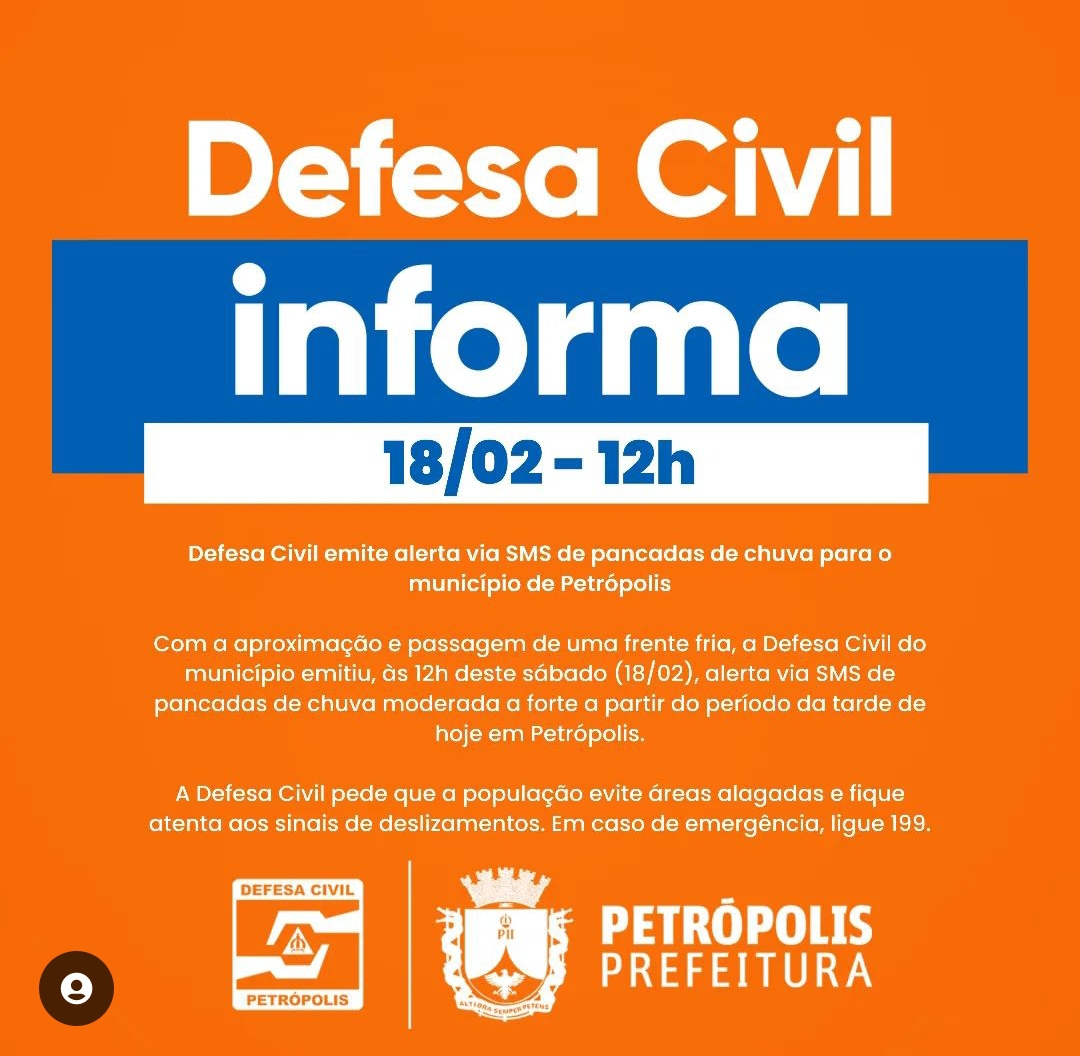 Defesa Civil emite alerta via SMS de pancadas de chuva Petrópolis