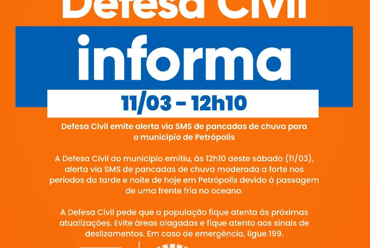 Defesa Civil emite alerta via SMS de pancadas de chuva para o município de Petrópolis