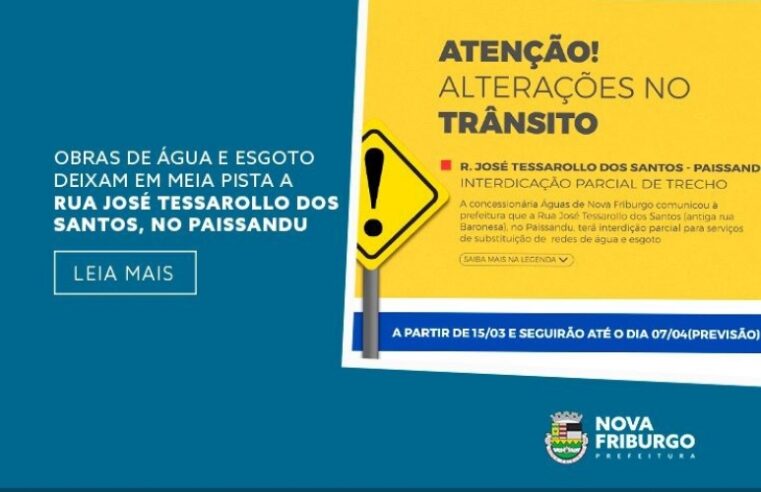 Obras de água e esgoto deixam em meia pista a Rua José Tessarollo dos Santos, no Paissandu, em Nova Friburgo