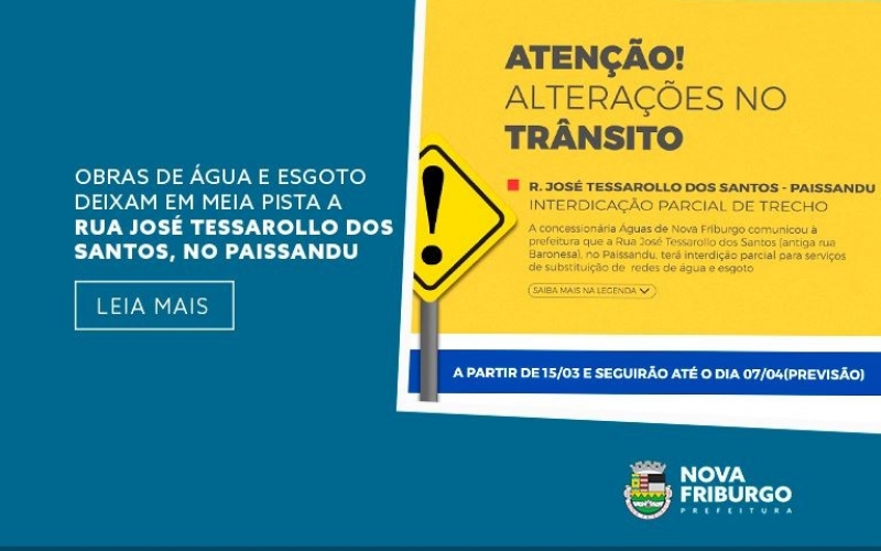 Obras de água e esgoto deixam em meia pista a Rua José Tessarollo dos Santos, no Paissandu, em Nova Friburgo