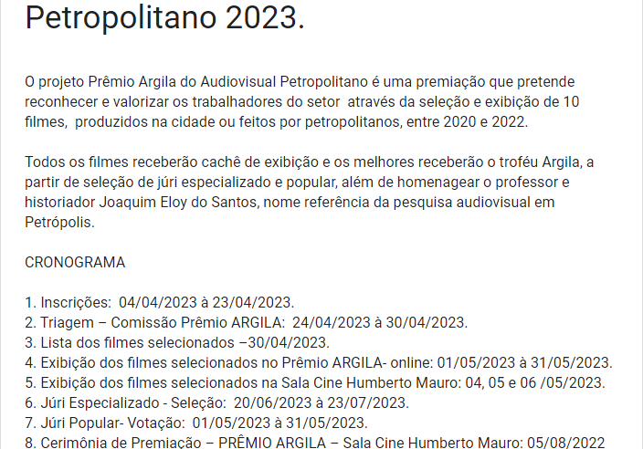 Inscrições para a segunda edição do Prêmio Argila do Audiovisual Petropolitano 2023 começaram hoje (05)