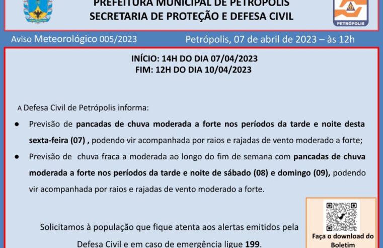 Defesa Civil de Petrópolis emite aviso meteorológico por conta da passagem de uma frente fria