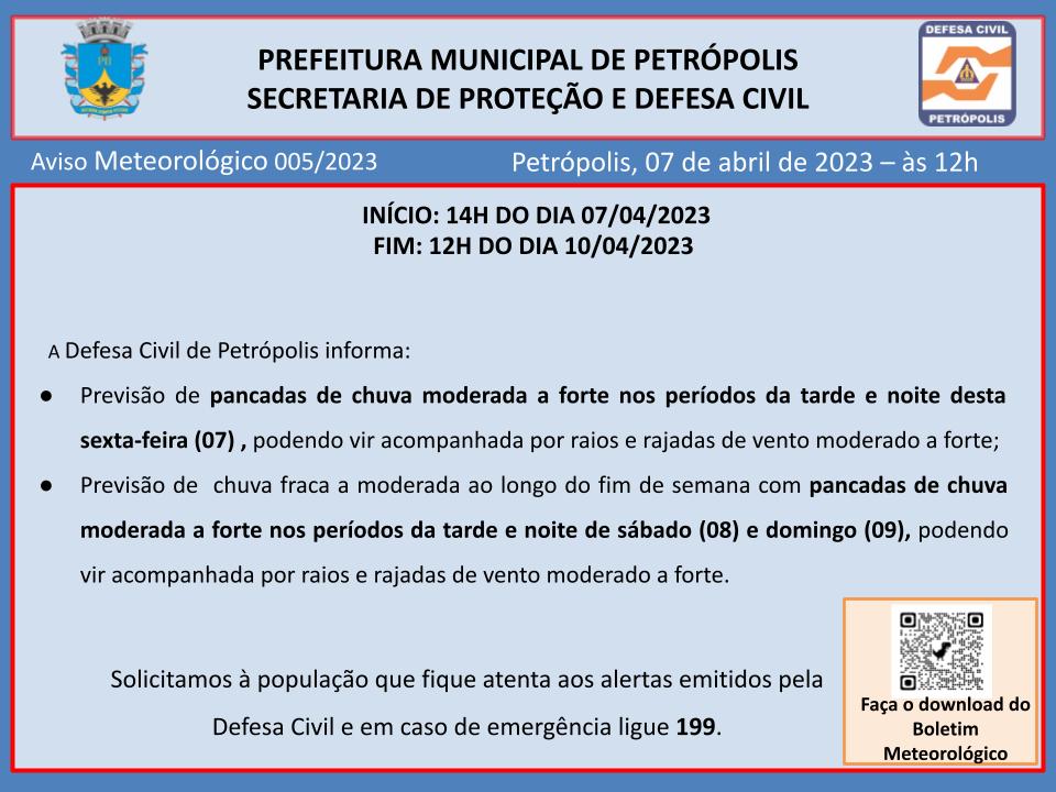 Defesa Civil de Petrópolis emite aviso meteorológico por conta da passagem de uma frente fria