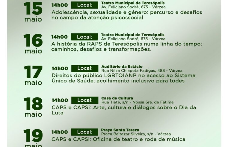 Teresópolis realiza Semana da Luta Antimanicomial de 15 a 19 de maio
