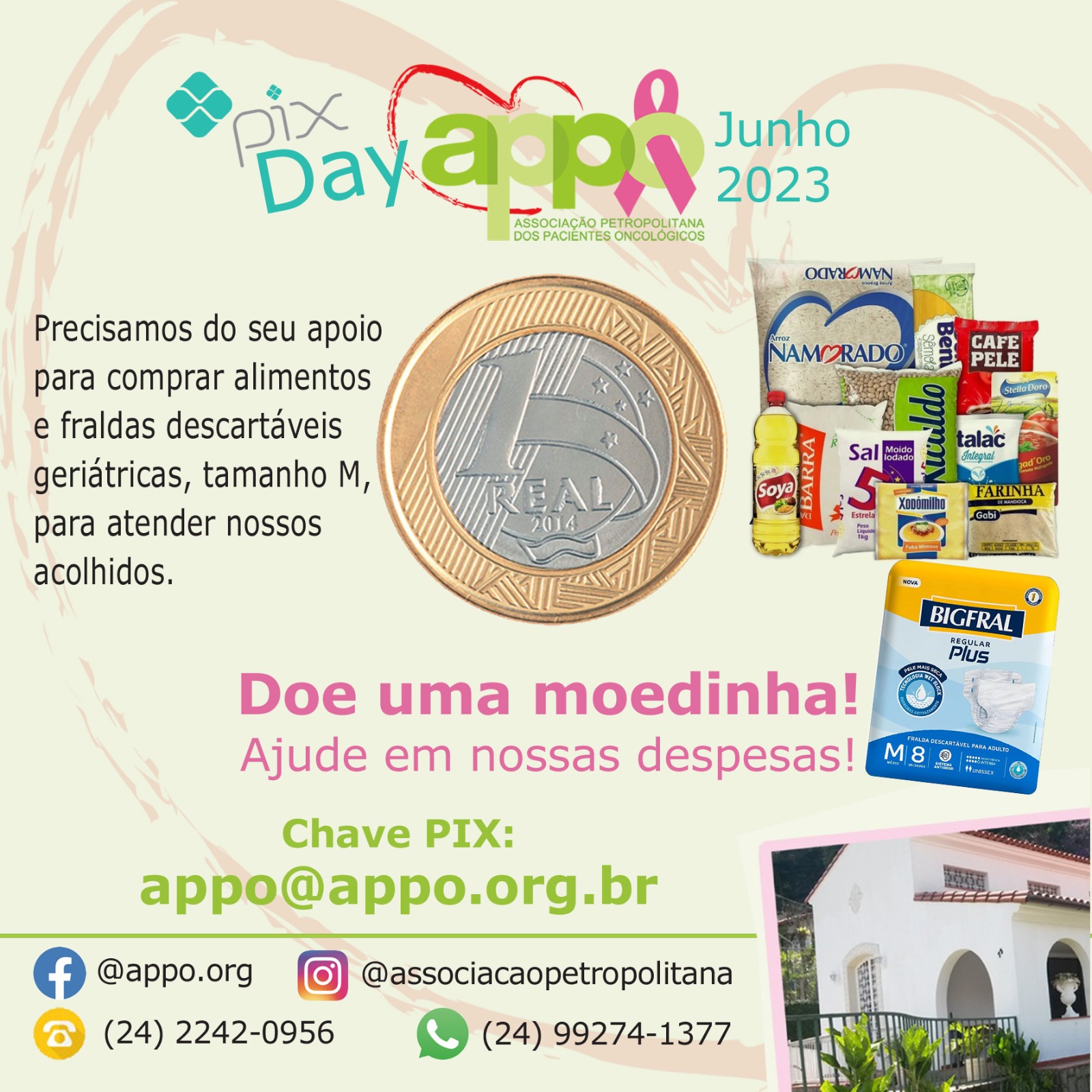 Pix Day de junho da APPO será destinado para compra de alimentos e fraldas descartáveis