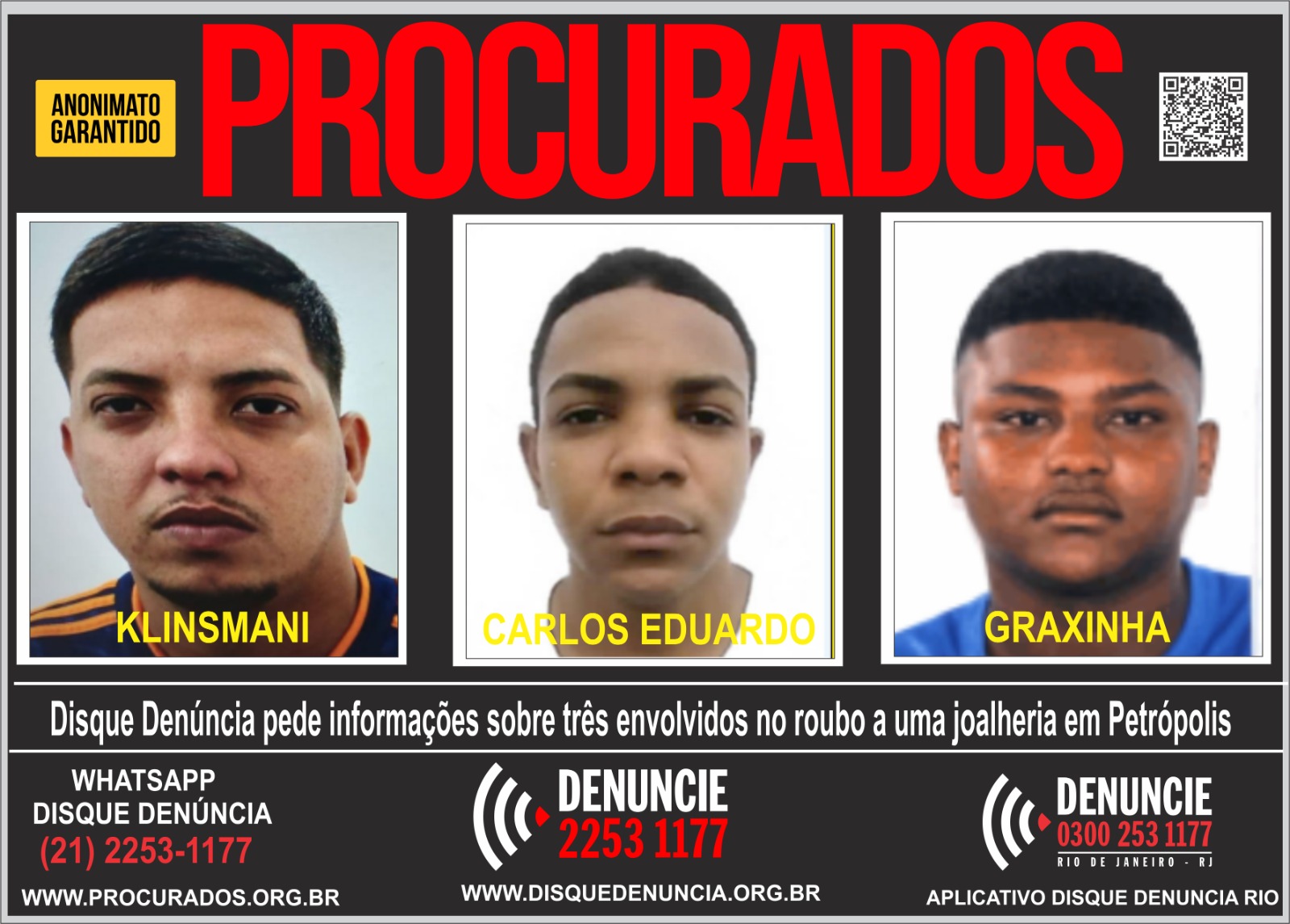 Disque Denúncia pede informações sobre os envolvidos em roubo a uma joalheria no Centro de Petrópolis 