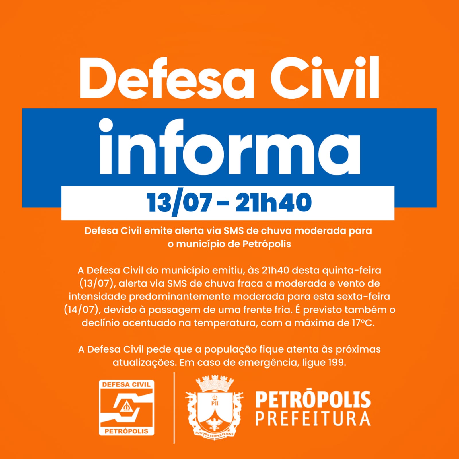 Defesa Civil emite alerta via SMS de chuva moderada para o município de Petrópolis