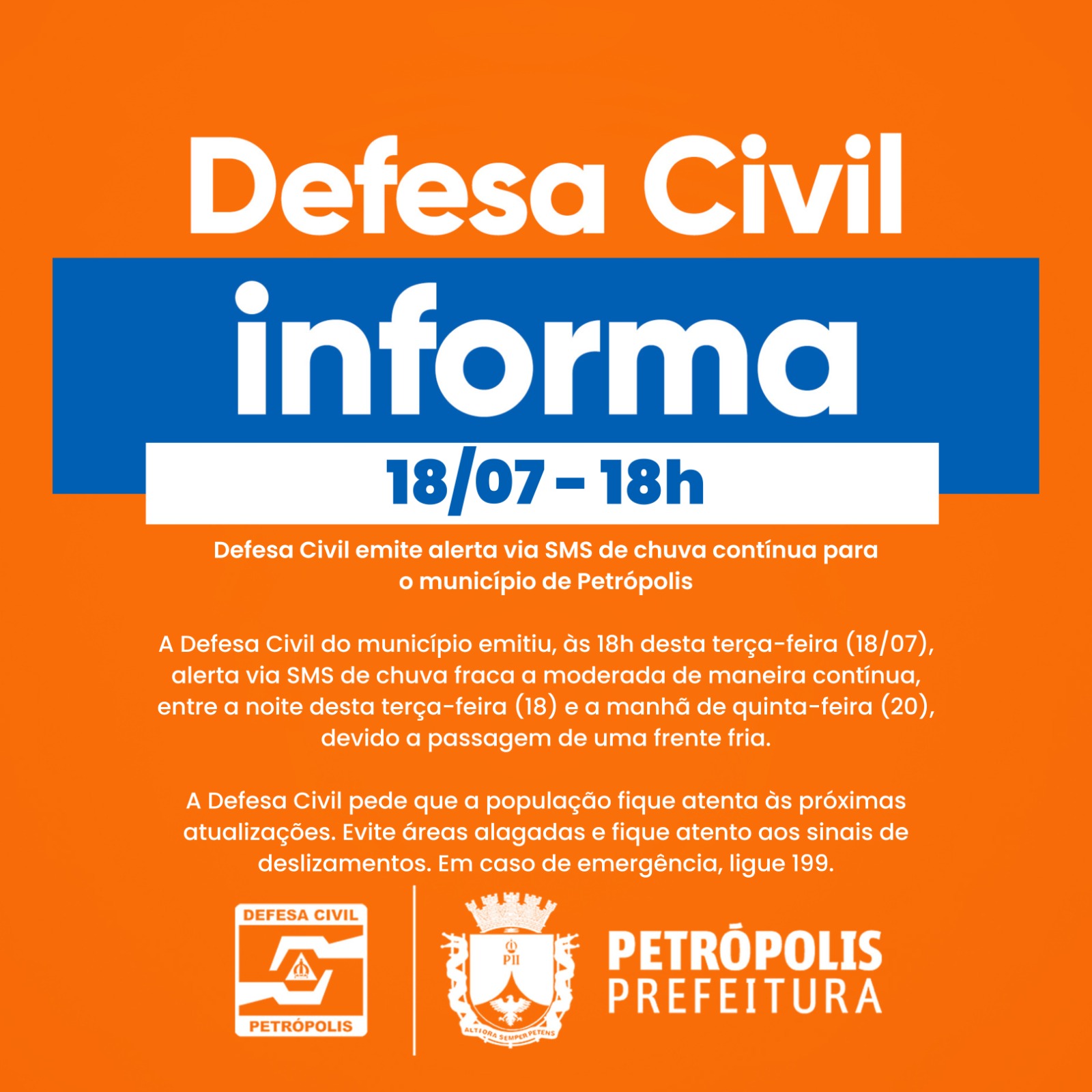 Defesa Civil emite alerta via SMS de chuva contínua para o município de Petrópolis