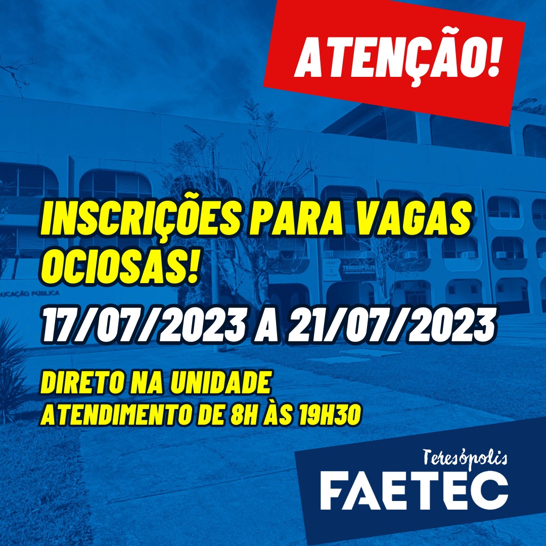 Faetec Teresópolis com inscrições para vagas ociosas até a próxima sexta (21)