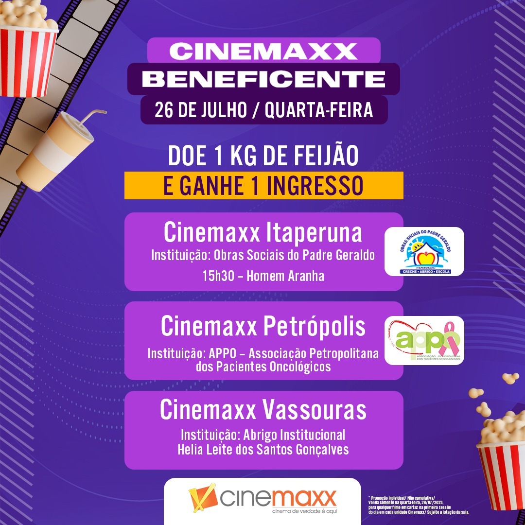 Rede Cinemaxx promove ação solidária para instituições de assistência social nesta terça-feira