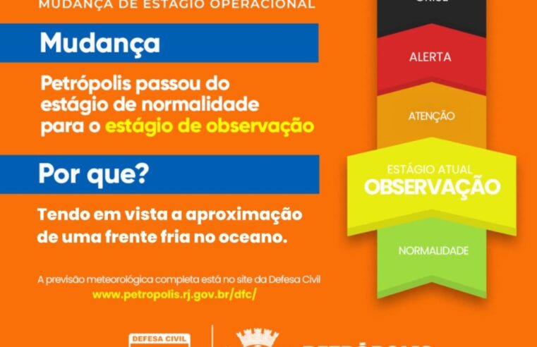 Defesa Civil altera estágio operacional de Petrópolis para “observação”