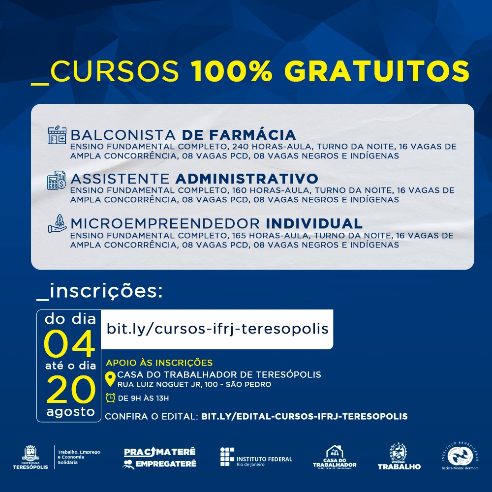 Prefeitura de Teresópolis e IFRJ abrem inscrições online nesta sexta, 04/08, para três cursos 100% gratuitos
