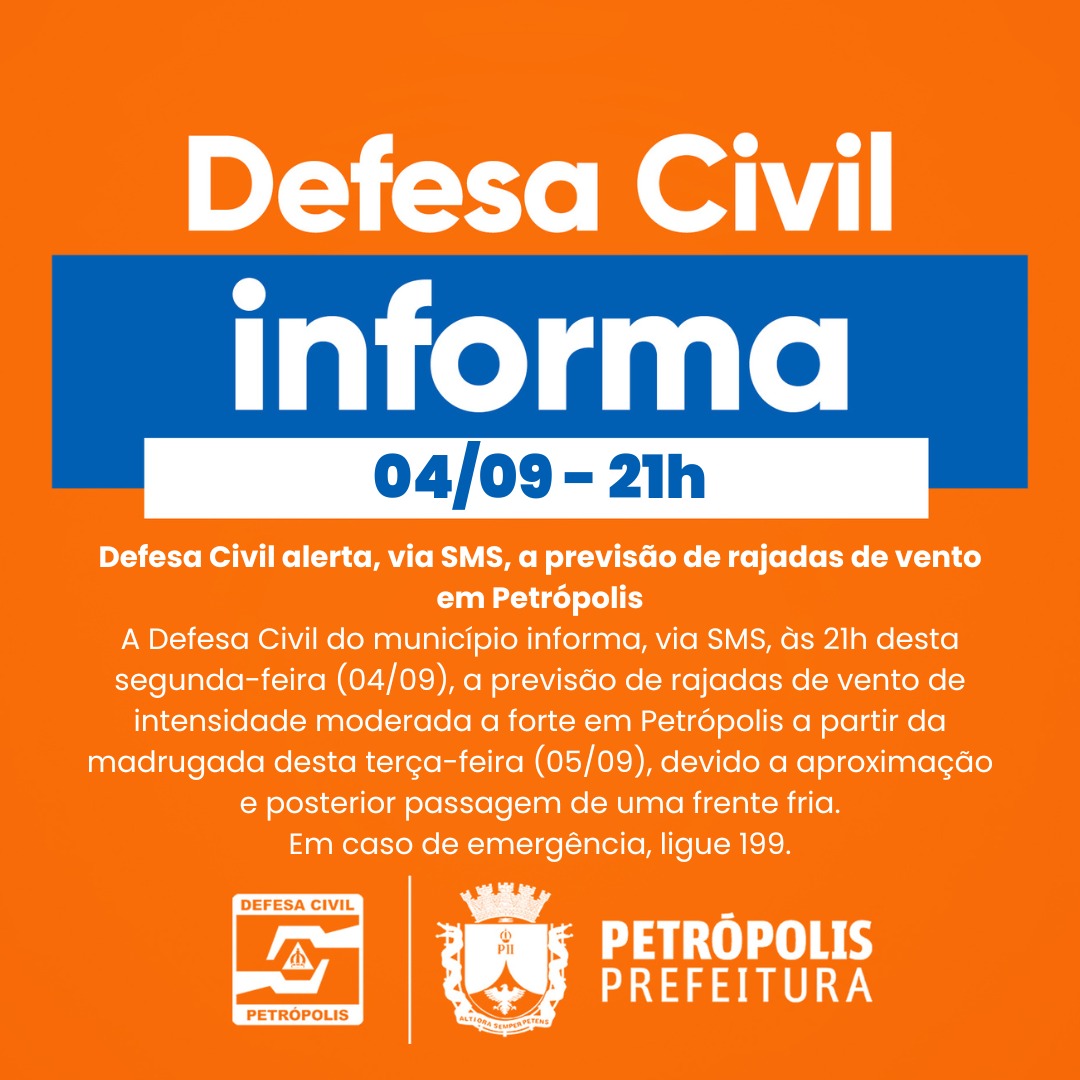 Defesa Civil alerta, via SMS, a previsão de rajadas de vento em Petrópolis