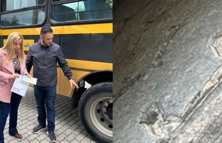 Vereadores flagram ônibus escolar com pneu “careca” e cobram manutenção